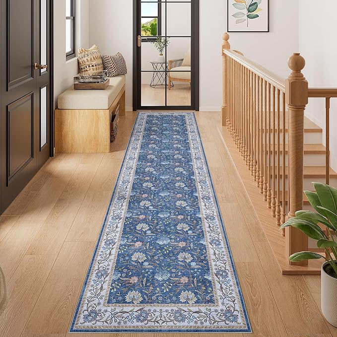 DUKINO 2x8 Runner Rug, Washable Vintage Floral Kitchen Rugs, Sky Blue | Non Slip, Low Pile, Stain Resistant Aesthetic Soft Carpet Runner for Hallway Bathroom Entryway Bedroom Farmhouse Laundry Room