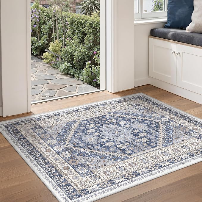 zesthome 3x4 Washable Area Rug for Entryway, Soft Kitchen Rugs Non Slip for Dining Room, Vintage Abstract Living Room Rug, Thin Area Rugs Indoor for Bedroom, Kids Room Decor(Blue/Beige,3'x4')
