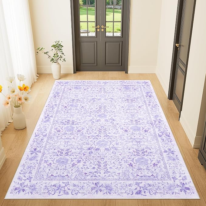 DUKINO 4x6 Rug for Living Room, Washable Vintage Floral Area Rug, Purple | Non Slip, Low Pile, Non-Shedding, Aesthetic Lightweight Soft Indoor Carpet for Bedroom Kitchen Bathroom Entryway Farmhouse