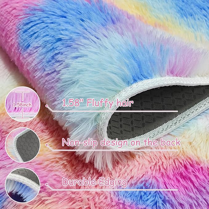 Rainbow Area Rugs 4x6 ft,Tie-Dyed Unicorn Fluffy Fuzzy Shaggy Carpet Soft Plush Furry Rug,for Bedroom Living Room Indoor Floor Rug Kids Girls Boys Home Decor Aesthetic, Dorm Nursery