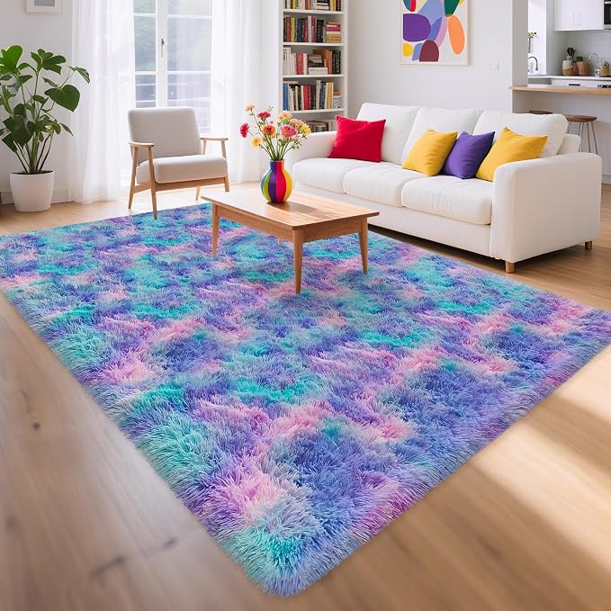 Soft Fluffy Purple Rainbow Rug for Bedroom Kids 6x9 Mermaid Stitch Rugs for Girls Bedroom Fuzzy Shag Carpet Cute Plush Shaggy Rugs for Living Room Kids Room Baby Toddler's Room Nursery Decor