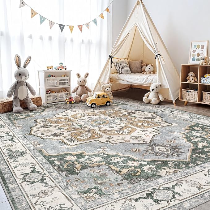 6x9 Washable Area Rug: Vintage Neutral Soft Non Slip Thin Large Floor Carpet for Living Room Bedroom Kitchen Dining Room Home Office Farmhouse Indoor - Green