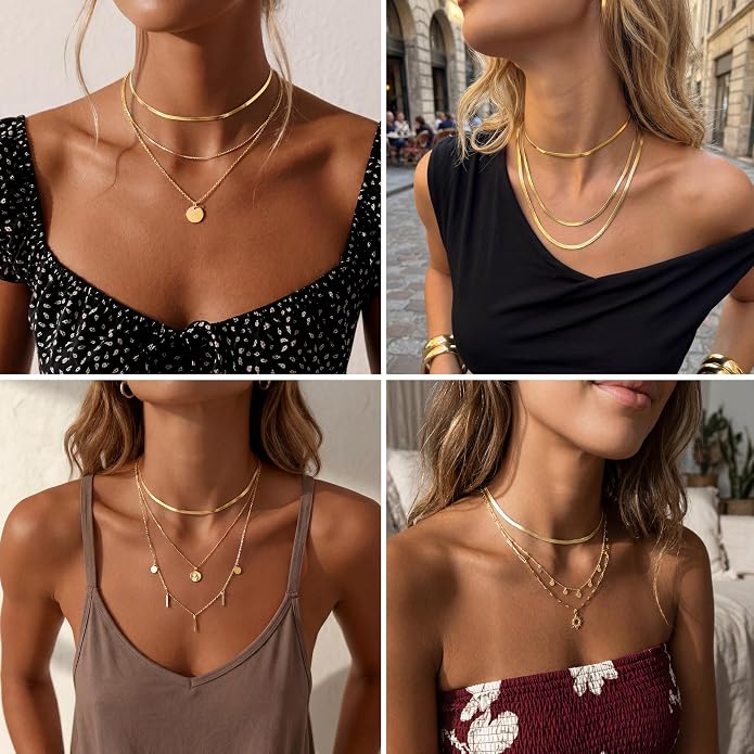 WomenGifts 14K Gold Silver Plated Herringbone Necklace for Women, Dainty Snake Chain Choker, Trendy Simple Long Layered Jewelry Non Tarnish, 3/4/5/8mm,14,16,18,20,22,24,26 Inch Thin & Chunky Options