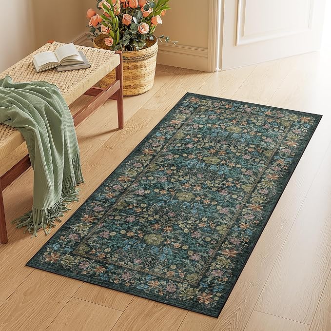 DUKINO 2x4 Rug, Washable Vintage Floral Bathroom Runner Rug, Blue | Non Slip, Low Pile, Stain Resistant, Aesthetic Lightweight Soft Indoor Carpet for Kitchen Entryway Hallway Bathroom Bedroom