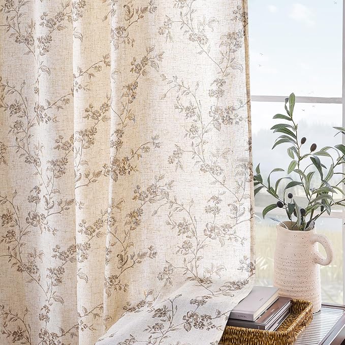Lazzzy Taupe Floral Linen Curtains 90 Inch Farmhouse Back Tab Drapes for Living Room Bedroom Light Filtering Vintage Grandmillennial Rod Pocket Curtains, 2 Panels, W38 x L90, Taupe on Beige