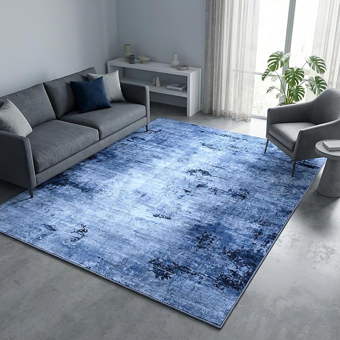 Washable Area Rugs, 0.26 Inch Low Pile Non Slip Abstract Rugs for Bedroom Study Room - Foldable Indoor Carpet, Pet Friendly Surface, Stain-Resistant & Water-Resistant, 5'x7', Blue