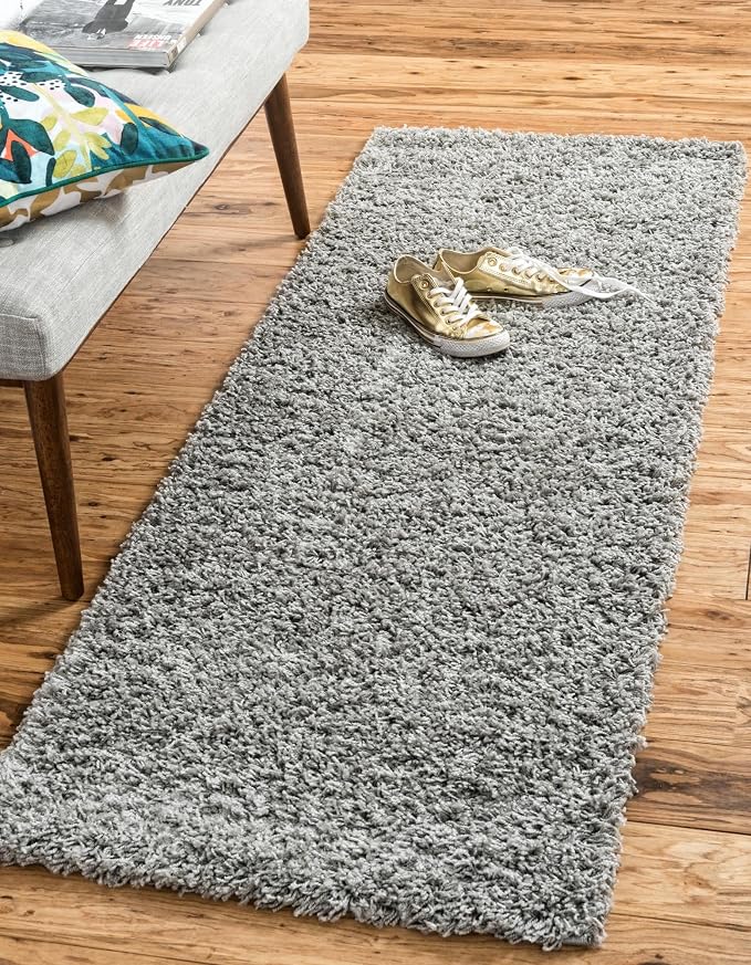 Unique Loom Solid Shag Collection Area Rug (2' x 6' 5" Runner, Cloud Gray) | Modern Solid rug, stain and water resistant, doesn't shed, easy to clean, kid and pet friendly. Ideal for the bathroom.