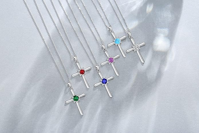 FANCIME Birthstone Cross Necklace for Women Sterling Silver Birthstone Necklace Halo Infinity Cross Pendant Necklace Fine Jewelry Valentines Day Gifts Birthday Holiday Gifts for Her, 16"+2" Inches