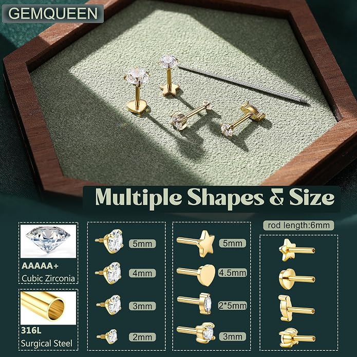 GEMQUEEN Reversible Flat Back Earrings Studs Hypoallergenic - 14K Gold Filled Surgical Steel Earring 18G Cartilage Helix Tragus Conch Piercing Jewelry Extended Internal Thread Earrings for Women Men