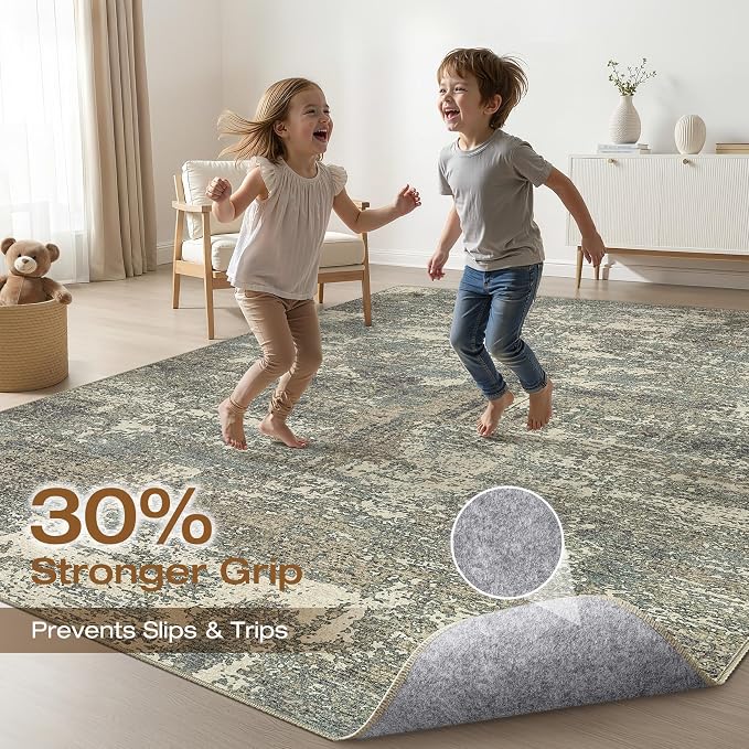 6x9 Area Rugs Living Room: Washable Large Neutral Rug Abstract Soft Modern Stain Resistant Indoor Floor Non-Slip Carpet for Bedroom Nursery Kids Office Playroom Dining Room- Green Brown