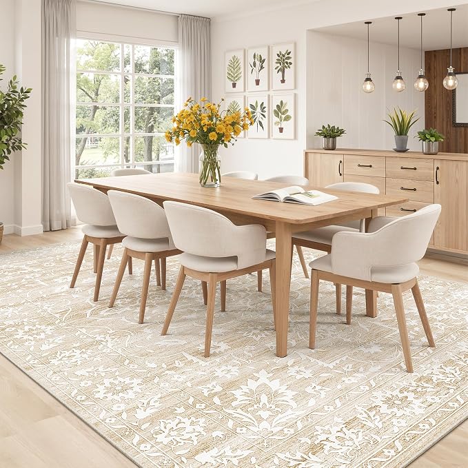 Soalmost 6x9 Area Rugs for Living Room, Washable Neutral Soft Rug Beige | Vintage Floral Non-Slip Low Pile Throw Large Carpet for Dining Room Bedroom Kitchen Home Office Nursery 6'x9'