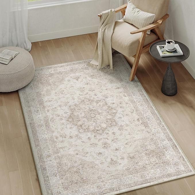 PureCozy Beige Area Rug 4x6 Washable Vintage Carpet for Office Living Room Soft Retro Low Pile Thin Indoor Rug Non Slip Oriental Medallion Floor Cover for Bedroom Kitchen Dining Room
