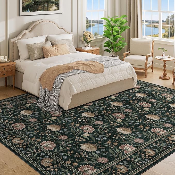 DUKINO 8x10 Area Rug Vintage Floral Washable Rug for Living Room Dark Green | Non Slip, Low Pile, Non-Shedding, Stain Resistant Boho Soft Indoor Large Carpet for Bedroom Dining Room Farmhouse, Home Decor