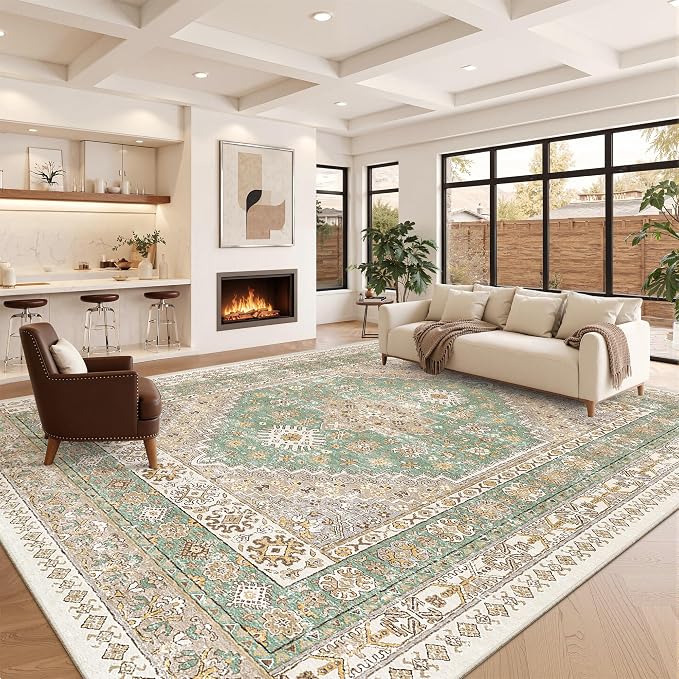 zesthome 10x14 Area Rugs,Stain Resistant Washable Rug,Ultra-Thin Rugs for Living Room,Bedroom,Non-Slip Backing Home Decor Large Area Rug (Green/Brown,10'x14')