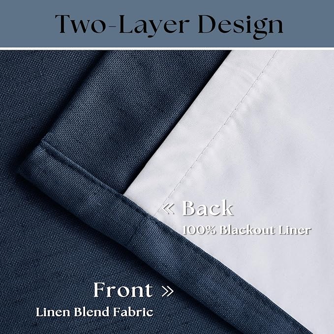 Navy Blue Pinch Pleat 100% Blackout Linen Curtains 2 Layers 45 Inch Long | Memory Trained, Thermal Insulated, UV Blocking, Noise Reducing, Room Darkening, Black Out Short Curtains for Kitchen 2 Panels