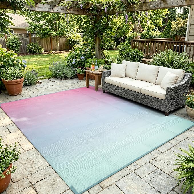 Lahome Reversible Rv Rugs for Outside Camping, 8x10 Waterproof Outdoor Pool Beach Area Rugs, Portable Lightweight Plastic Straw Carpet for Porch Backyard Garden, Pink Blue 8'x10'