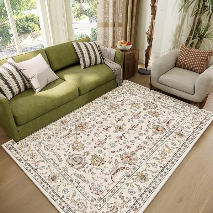 Washable 4x6 Rugs, Boho Vintage Non-Slip Distress Rugs, Beige | 0.3" Neutral Throw Rugs for Bedroom Kitchen Nursery Living Room, Cushioned Area Rug for High-traffic