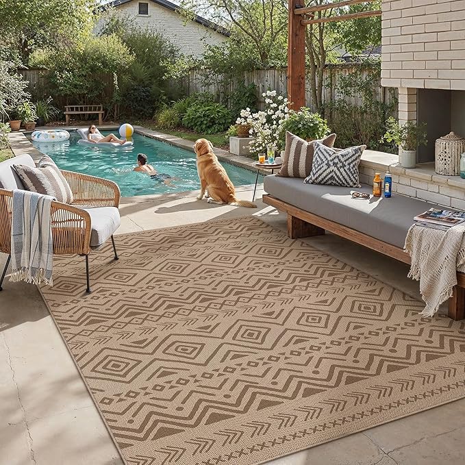 PureCozy 5x7 Easy Jute Outdoor Rug Brown Boho Indoor Outdoor Area Rug Farmhouse Patio Carpet for Backyard, Patio, Porch, Living Room， Easy-Cleaning, High Traffic, Pet-Friendly, Non-Shedding