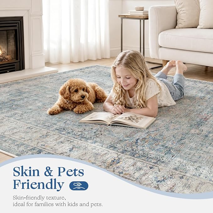 Beauoop 6x9 Washable Blue Neutral Vintage Oriental Area Rug for Living Room | Distressed Retro Traditional Pattern Non Slip Low Pile Soft Indoor Large Carpet Dusty Blue Bedroom Dining Room Office Nursery