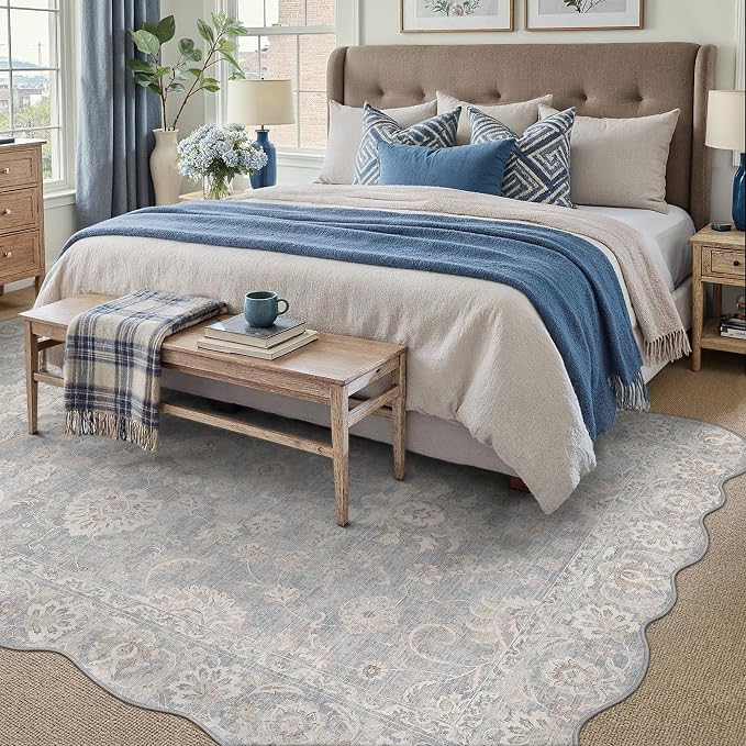 8x10 Blue Cream Washable Scalloped Area Rug for Living Room Bedroom Neutral Floral Soft Non Slip Rug Low Pile Distressed Carpet for Dining Room Nursery Office Indoor