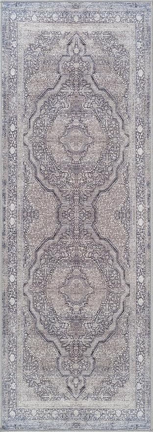 Bloom Rugs Washable Non-Slip 7 ft Runner - Blue/Steel Gray/Beige Traditional Medallion Runner for Entryway, Hallway, Bathroom, and Kitchen - Exact Size: 2.5' x 7'