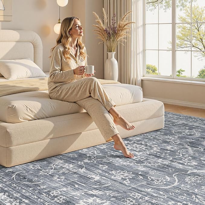 Nakagishi 5x7 Area Rugs Living Room: Washable Large Vintage Rug Neutral Non-Slip Soft Stain Resistant Indoor Carpet for Bedroom Nursery Dining Room Office Playroom - Retro Blue