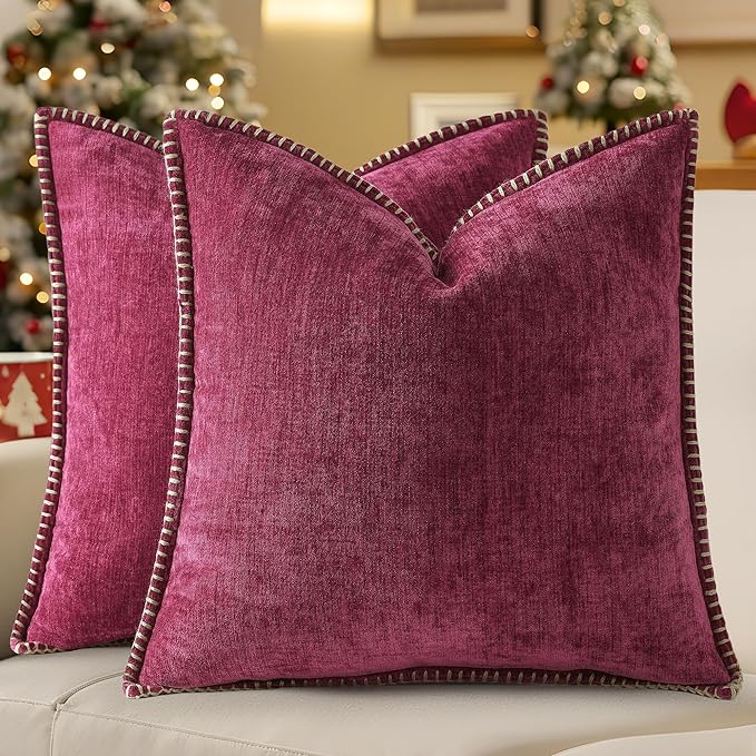 decorUhome Soft Chenille Throw Pillow Covers 18x18 Set of 2 Rhododendron | Fall Textured Decorative Throw Pillow Cases Stitched Edge Modern Farmhouse Luxury Boho Velvet for Couch Sofa Bed Home Decor