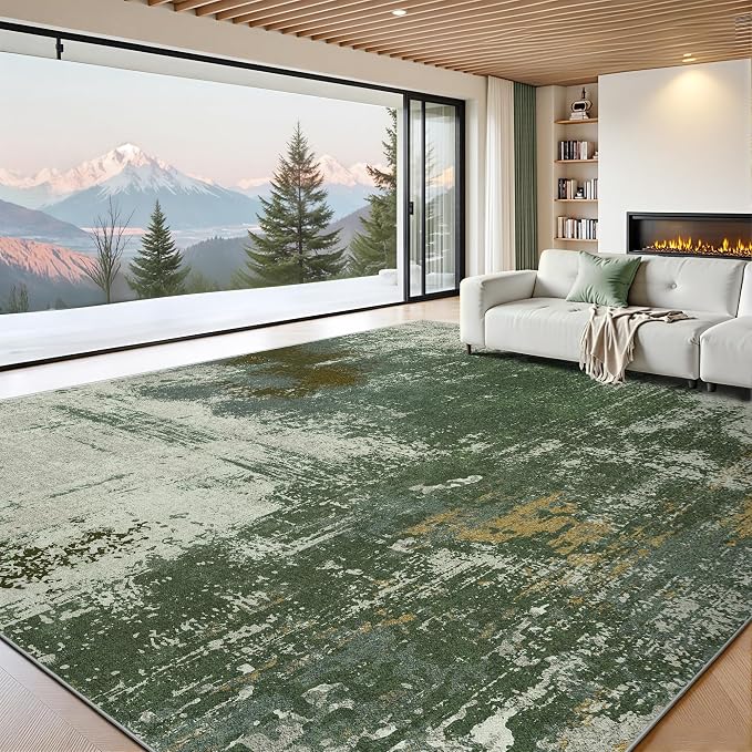 9x12 Rugs for Living Room - Modern Abstract Washable Rug, Ultra Soft Non Slip Low Pile Large Rugs, Floor Carpet for Bedroom Dining Room Office Laundry Nursery Home(Green)