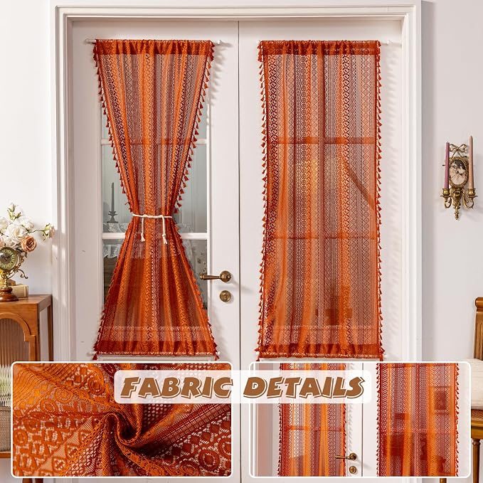 Sutuo Home Terracotta French Door Curtains 72 Inches Long for Front Door Glass & Sidelights, Burnt Orange Bohemian Tassels Vintage Chic Privacy Drapes Window Halloween Decor, Rod Pocket 2 Panels 25" W