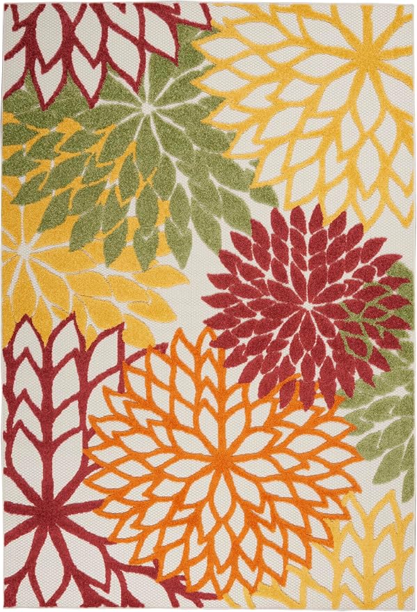 Nourison Home Aloha Indoor/Outdoor Red Multi Colored 6' x 9' Area Rug, Tropical, Botanical, Easy Cleaning, Non Shedding, Bed Room, Living Room, Dining Room, Deck, Backyard, Patio (6x9)
