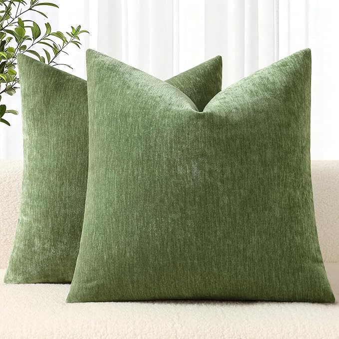 decorUhome Soft Chenille Olive Green Throw Pillow Covers 20X20 Set of 2 | Decorative Fall Couch Pillow Covers Solid Dyed Accent Modern Farmhouse Neutral Square Pillow Cases for Sofa