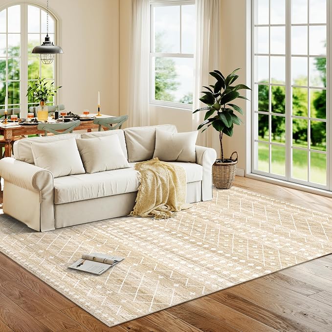 Miukiki 6x9 Area Rug for Living Room Moroccan Washable Rugs Non Slip Indoor Floor Carpet Foldable Large Soft Area Rug for Dining Room Bedroom with Low Pile(Beige,6'x9')