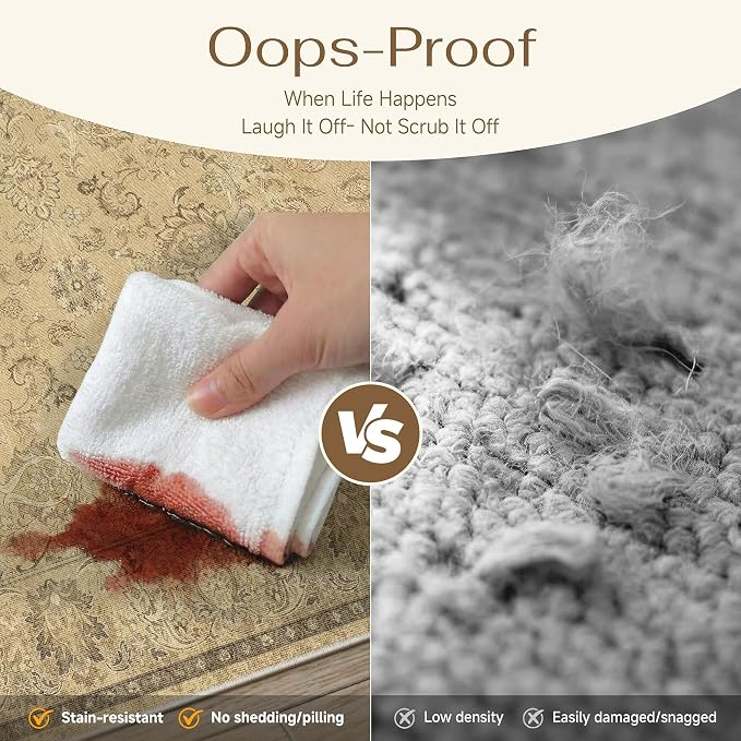 HUGEAR 5x7 Machine Washable Area Rugs Vintage Brown - Neutral Living Room Bedroom Rug Non Slip Stain Resistant Low Pile Aesthetic Throw Carpet Kids & Pet Friendly