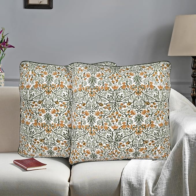 Ridhi Block Print Goldenrod Yellow Pillow Cover 18" x 18" (Pack of 2) Decorative Couch Pillows for Living Room, Farmhouse Chic Boho Cute Outdoor Pillows Covers Gifts for Spring, Mother's Day