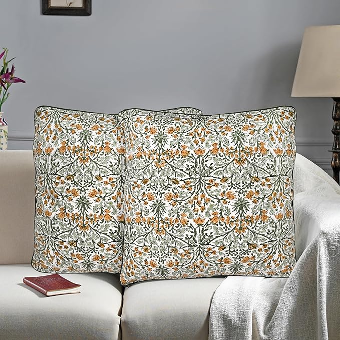 Ridhi Block Print Goldenrod Yellow Pillow Cover 16" x 16" (Pack of 2) Decorative Couch Pillows for Living Room, Farmhouse Chic Boho Cute Outdoor Pillows Covers Gifts for Spring, Mother's Day