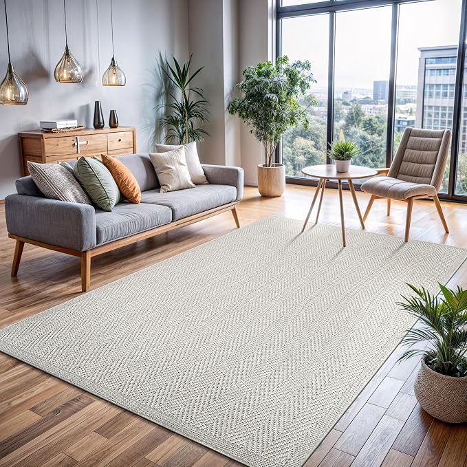 CAMILSON Easy Jute Rug 5x7, Indoor Outdoor Off-White Color Fiber Area Rugs for Living Room Patio and Kitchen Rug Herringbone Seagrass Woven Design Easy-Cleaning Washable Outside Carpet Alfombras 5 x 7