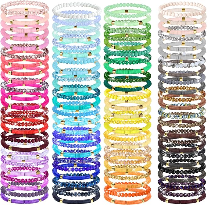 96 Pcs Beaded Friendship Bracelets, Clay & Crystal Beaded Bracelet Bulk, Colorful Beaded Bracelet Boho Multi Layer Stacking Bracelets for Women Summer Beach Graduation Party Favors Friend Gifts