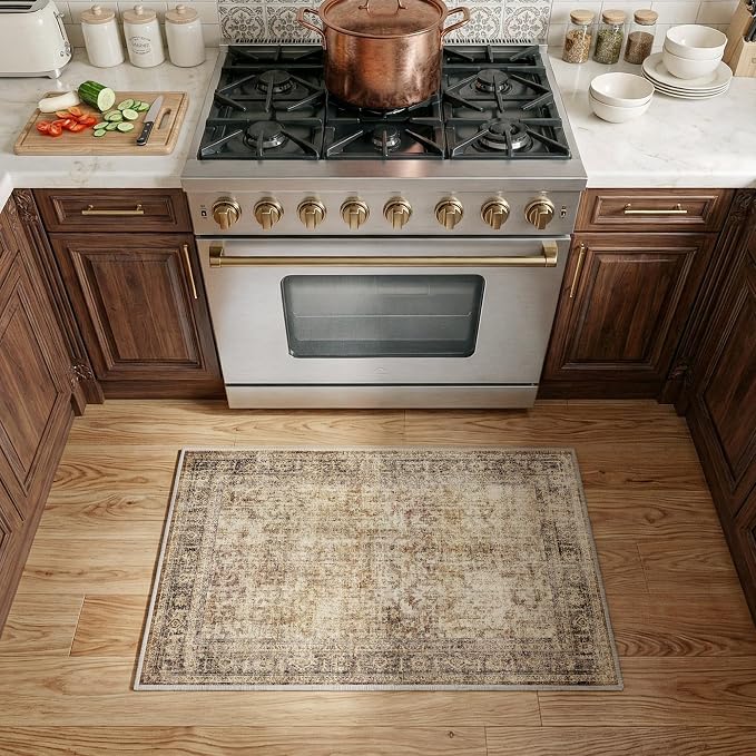 FMFUNCTEX Entryway Rug 2x3 Brown Washable Neutral Vintage Distressed Oriental Door Mat Non Slip Low Pile Indoor Carpet Soft Retro Small Throw Area Rugs for Entry Entrance Bedroom Kitchen Bathroom
