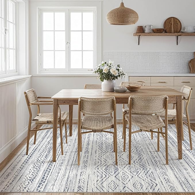 Tortania Area Rug Living Room Rugs- 10x12 Washable Large Soft Neutral Boho Moroccan Bohemian Farmhouse Rug Indoor Floor Carpet for Bedroom Under Dining Table Home Office Decor - Dark Blue