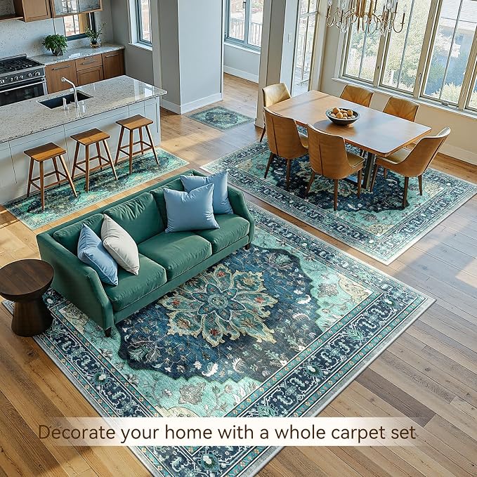 RELEANY Area Rugs 8'x10' Washable Non-Slip, Floral Vintage Distress Medallion Carpet for Living Room Bedroom Dining Room, Teal Green Lake Blue Turquoise