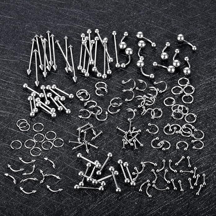 Xpircn 150PCS Piercing Kit Jewelry Stainless Steel Lip Nose Tongue Tragus Cartilage Daith Eeybrow Belly Button Rings Body Piercing Tools 14G 16G 20G