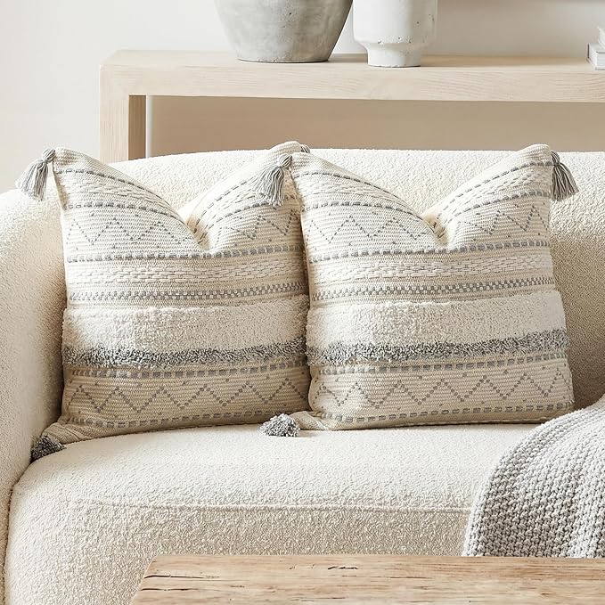BlissBlush Gray Decorative Throw Pillow Covers 18X18 Combo Set of 2 Square Boho Neutral Grey Accent Pillowcase Tassels Farmhouse Cushion for Couch Sofa Bedroom Living Room Home Décor Cover ONLY
