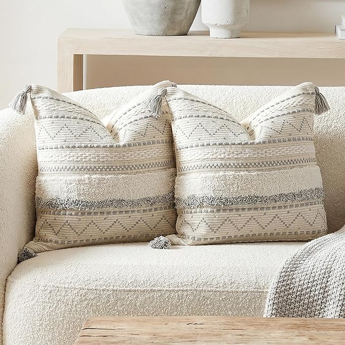 BlissBlush Gray Decorative Throw Pillow Covers 20x20 Combo Set of 2 Square Boho Neutral Grey Accent Pillowcase Tassels Farmhouse Cushion for Couch Sofa Bedroom Living Room Home Décor Cover ONLY