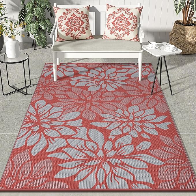 GENIMO Outdoor Rug, Waterproof Plastic Rugs for Patio, 8'x10' Red Grey | Outside Larger Leaf Carpet Mat for Porch Decor, Deck, Balcony, Camping, RV, Backyard, Picnic, Beach, Reversible, Foldable