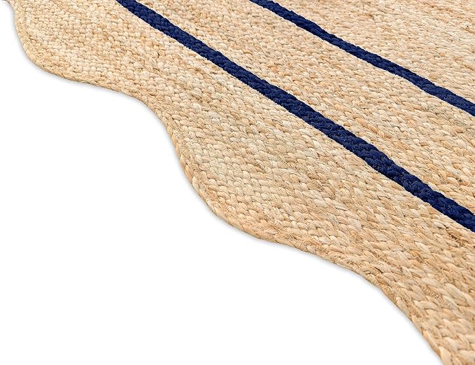 Wave Scalloped Natural Jute Boho Entryway Runner Farmhouse Scallop Rug, Navy (2'x10')