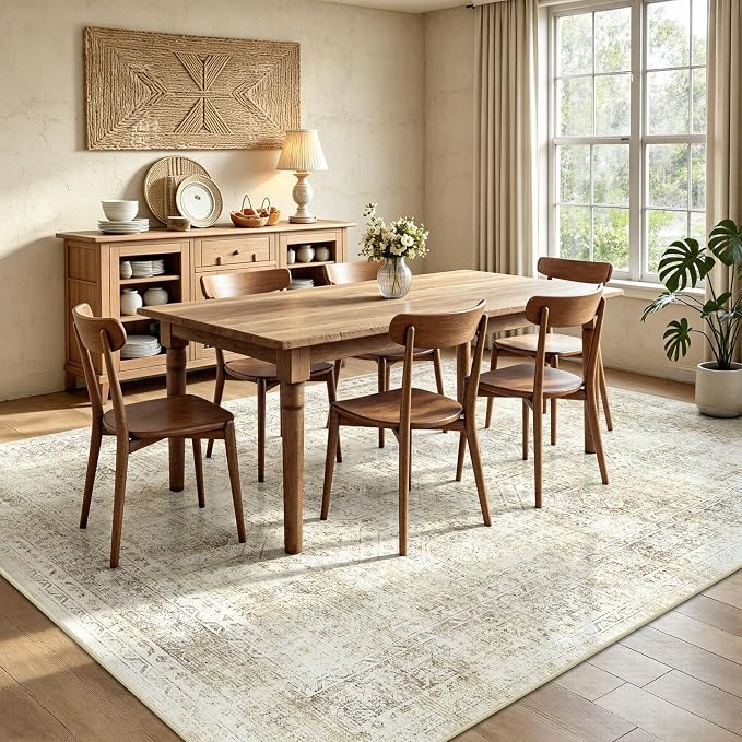 6x9 Area Rugs, Washable Vintage Retro Floral Rug for Living Room, Low Pile Non Slip Distressed Large Carpet for Bedroom, Dining Room, Office, Home (Beige)