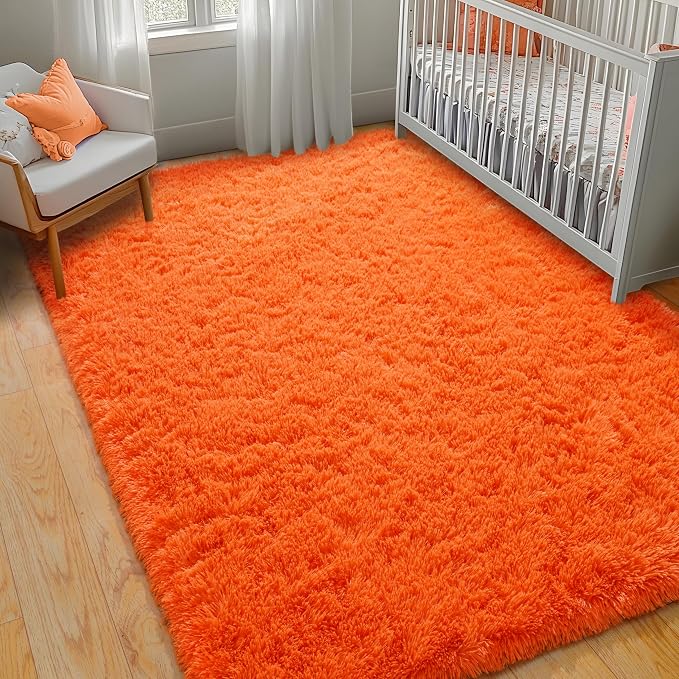 8x10 Large Area Rugs for Living Room, Orange Fluffy Shag Rug | Soft and Comfy, Big Fuzzy Carpet for Bedroom, Nursery, Kids, Girls, Boys Room Dorm Home Decor Aesthetic, Upgrade Non Slip