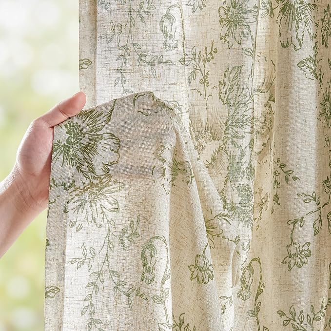 jinchan Green Floral Linen Curtains 54 Inch Vintage Back Tab 2 Panels | Light filtering drapes, semi sheer, farmhouse, cottagecore, rustic, living room, bedroom, rod pocket, window treatment