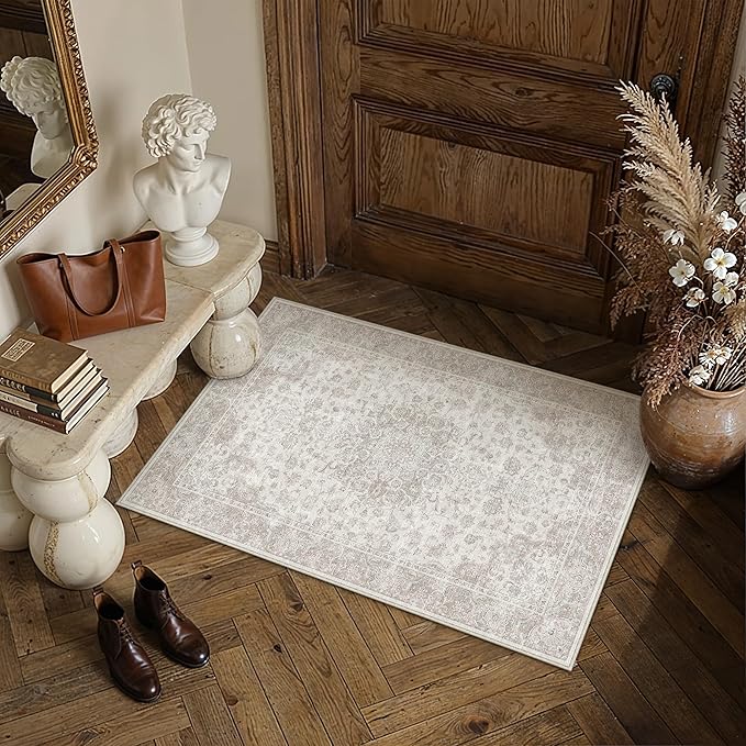 PureCozy 2x3 Washable Small Entryway Rug Neutral Beige Vintage Floral | Non Slip, Soft Low Pile, Door Mat for Bathroom, Indoor Entrance, Kitchen, Farmhouse Decor