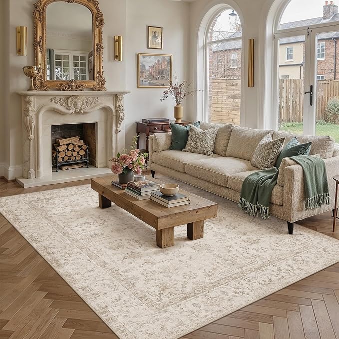 8x10 Beige Neutral Living Room Area Rug | Washable, Low Pile, Accent, Vintage, Soft, Non Slip, Carpet for Bedroom Dining Room Nursery Office Indoor Home Decor